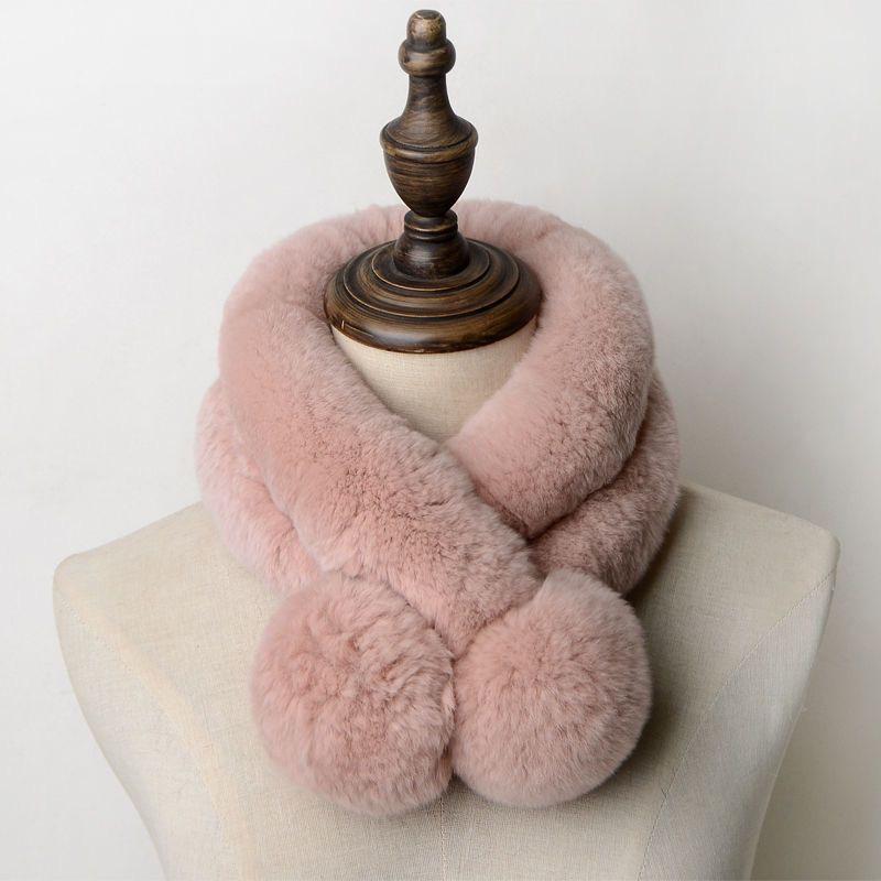 

Зимний шарф из меха кролика рекс: Теплый женский короткий однотонный двойной снуд с меховым помпоном 68cm розовый