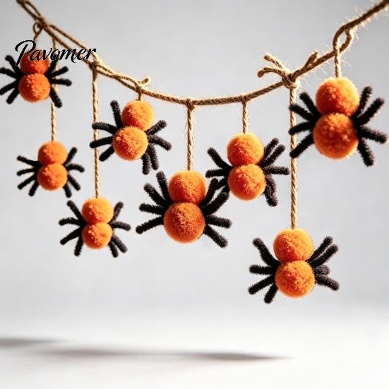 Wall Ornament for Home 78 Inch Halloween Hanging Spider Banner, Mini Black Orange Plush Window Sign Pom Garland Party, Fireplace, Decor Indoor