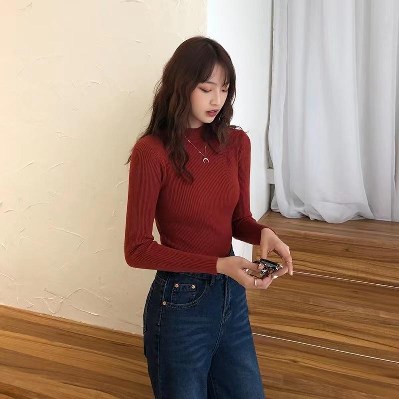

Жіночий пуловер, водолазка, светр, осінній, з довгим рукавом, тонкий еластичний корейський простий базовий дешевий джемпер, однотонний верх one size