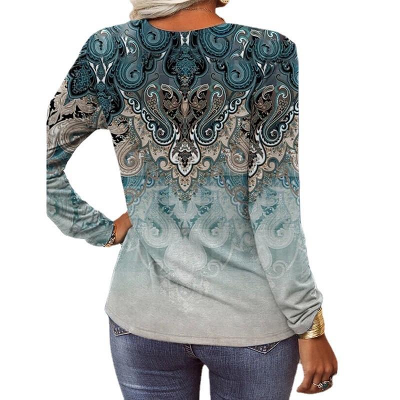 Streetwear Geometric Pattern Long Sleeve T Shirt For Women With V Neck Casual Fit