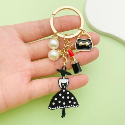 Korean-Style Black Alloy Lipstick Pendant Keychain with Pearl