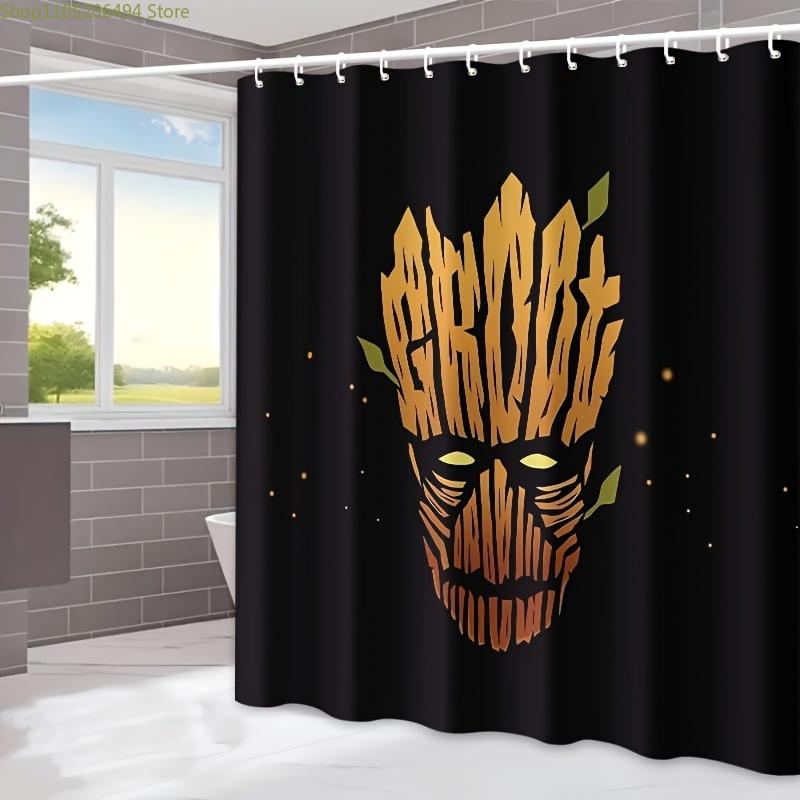 1pc Groot Shower Curtain with Hooks - Black Polyester Bathroom Decor, Cartoon Design, Machine Washable, All-Season Partition F