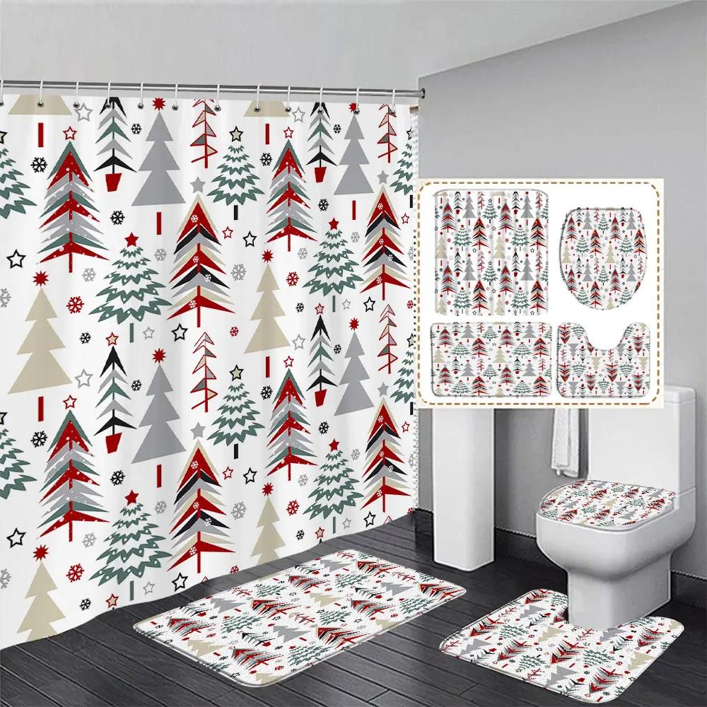Niedlicher Schneemann-Weihnachts-Duschvorhang-Set, silberne Tannenzweige, Schneeflocken-Weihnachtskugeln, Badezimmer-Dekor, Teppich, Badematte, Toilettendeckelbezug