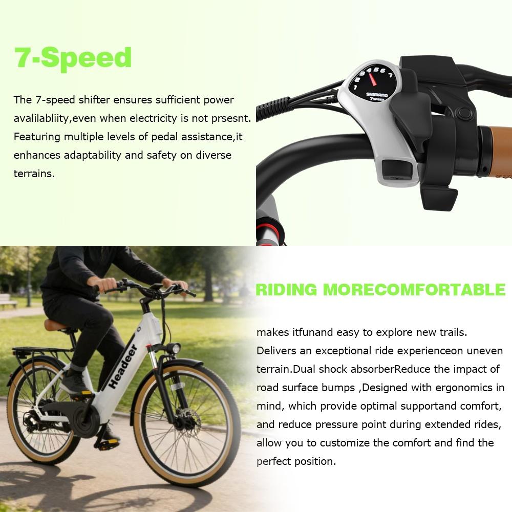 HEADEER BD26195 Vélo Électrique de Ville 26 Pouces 7 Vitesses Cadre en Acier au Carbone Moteur 350W Batterie 48V 11.5Ah Vélo Électrique Vitesse Maximale 35KM/h