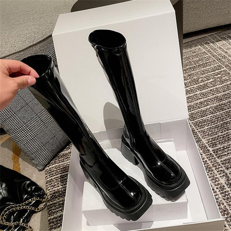 Internet celebrity leather boots women's platform high heel boots 2025 spring and summer new European and American high tube elastic thin boots