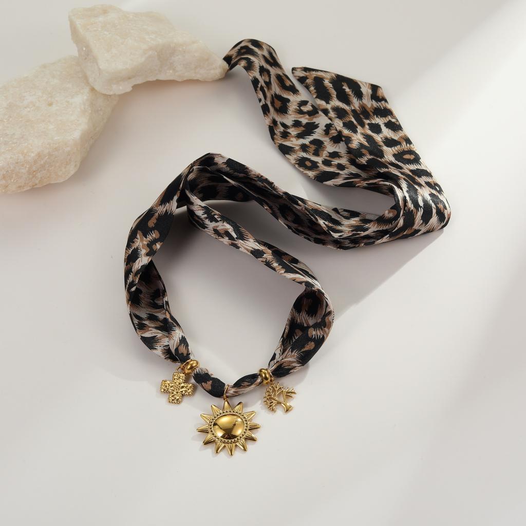 GEMCHIC Women's Leopard Print Silk Scarf Necklace with Sun Cross Tree Charms Stainless Steel Choker