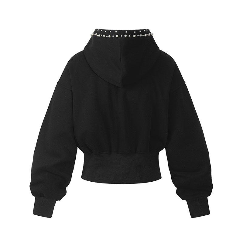 2KWEIRD Pearl Decorate Patchwork Design Hoodies Coat Original  Elastic Waist Solid Color Casual Clothes
