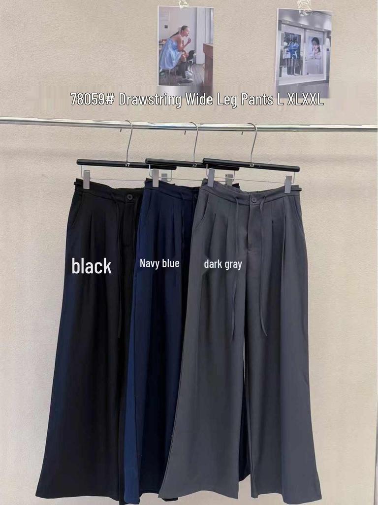 Women's Spring High Waist Drawstring Wide Leg Trousers - Plus Size Korean Style