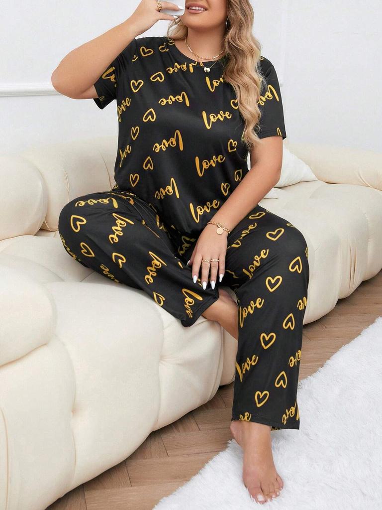 European and American Style Women’s Spring and Summer Pajama Set Plus Size Heart Print Short Sleeve Top and Long Pants Comfortable Loungewear