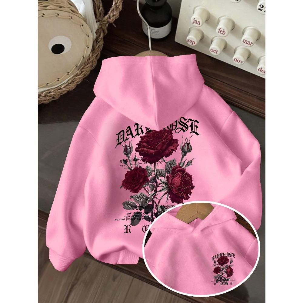 Children's Back Red Rose Flower Print Hoodie Loose Casual Long-sleeved Spring and Autumn Children's Clothing