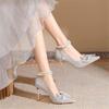 High heels women's 2024 summer new pointed bow rhinestone high-end silver wedding shoes thin heel light mouth single shoes