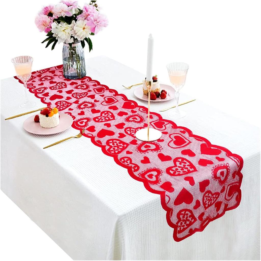 13 X 72 Inch Red Heart Lace Table Runner for Valentine's Day Decor