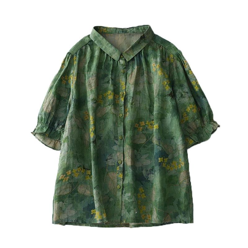 

Ladies Summer Literary Printed Lace Short Sleeve Shirt Single Row Multi Button Comfortable Top XS зелений