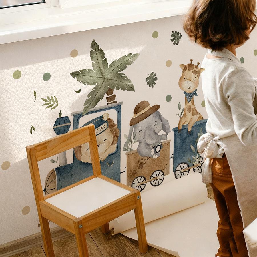 Watercolor Animal Train Wall Stickers, Jungle Adventure Kids Room Decor, Self-Adhesive Wall Art for Kindergarten Nursery Decoration