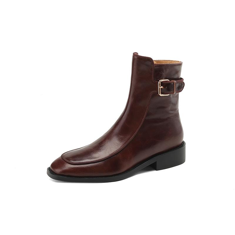 Fashion 2025 New Autumn Women Boots Square Toe Low Heel Women Shoes Genuine Leather Retro Brown Ankle Boots Block Retro Leather Boots