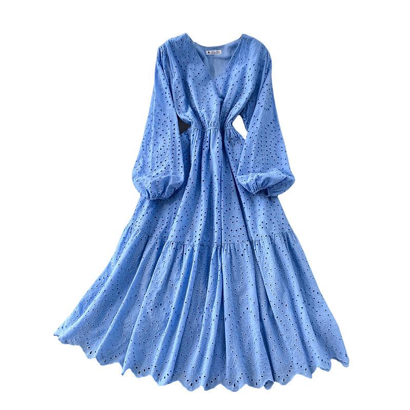 French Pink V-Neck Embroidered Ruffle Dress: Women's Autumn/Winter Waist-Cinching Long Dress
