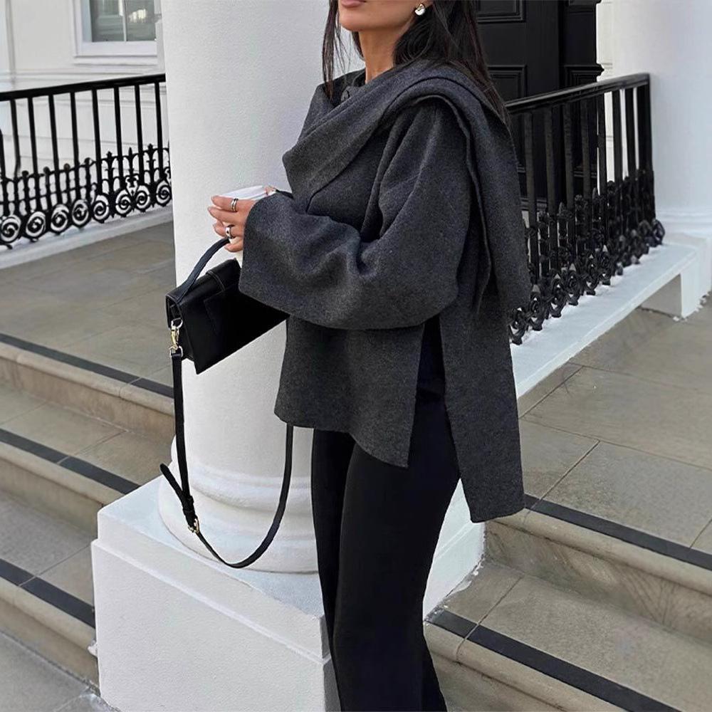 Dámský pletený kabát/bunda s krátkým/dlouhým rukávem na podzim a zimu, ležérní volný šál, pláštěnka, šála, kardigan