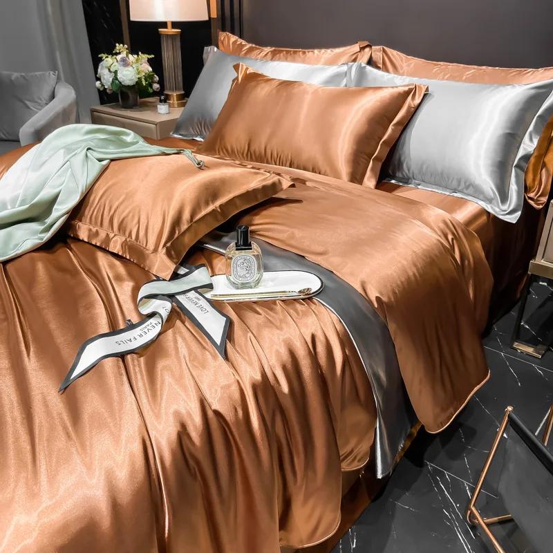 

Solid Silk Bedding Set with Duvet Cover Bed Sheet Pillowcases Luxury King Single Double Couple Pillow Case Bedsheet 1.5m 4pcs 1.8x2.2&set світло-коричневого кольору