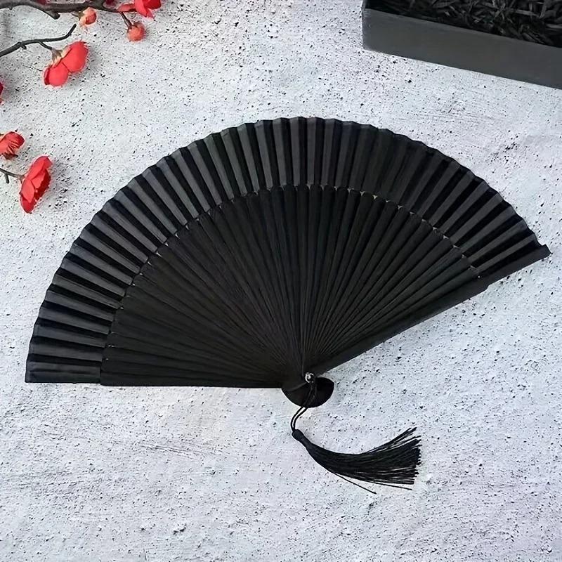 1pc Vintage Handmade Bamboo Folding Fan, Black Traditional Chinese Japanese Style, Lightweight for Wedding Photography Decor
