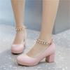 Girls Leather Shoes Ladies High Heel Shoes Sweet Pearl Ankle Strap Princess Mary Janes Party Wedding Shoes Women Pump 30-43