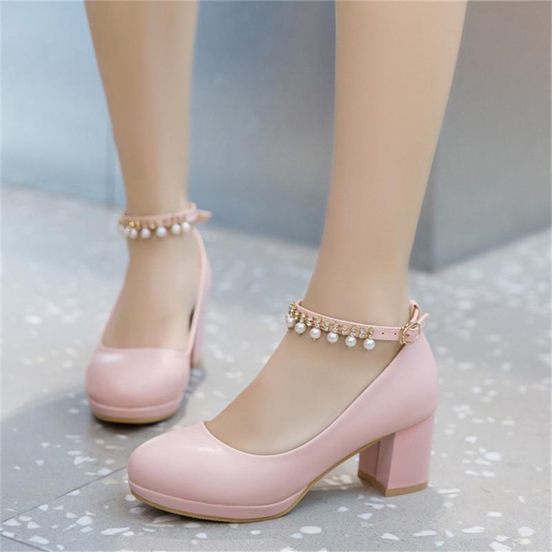 Girls Leather Shoes Ladies High Heel Shoes Sweet Pearl Ankle Strap Princess Mary Janes Party Wedding Shoes Women Pump 30-43