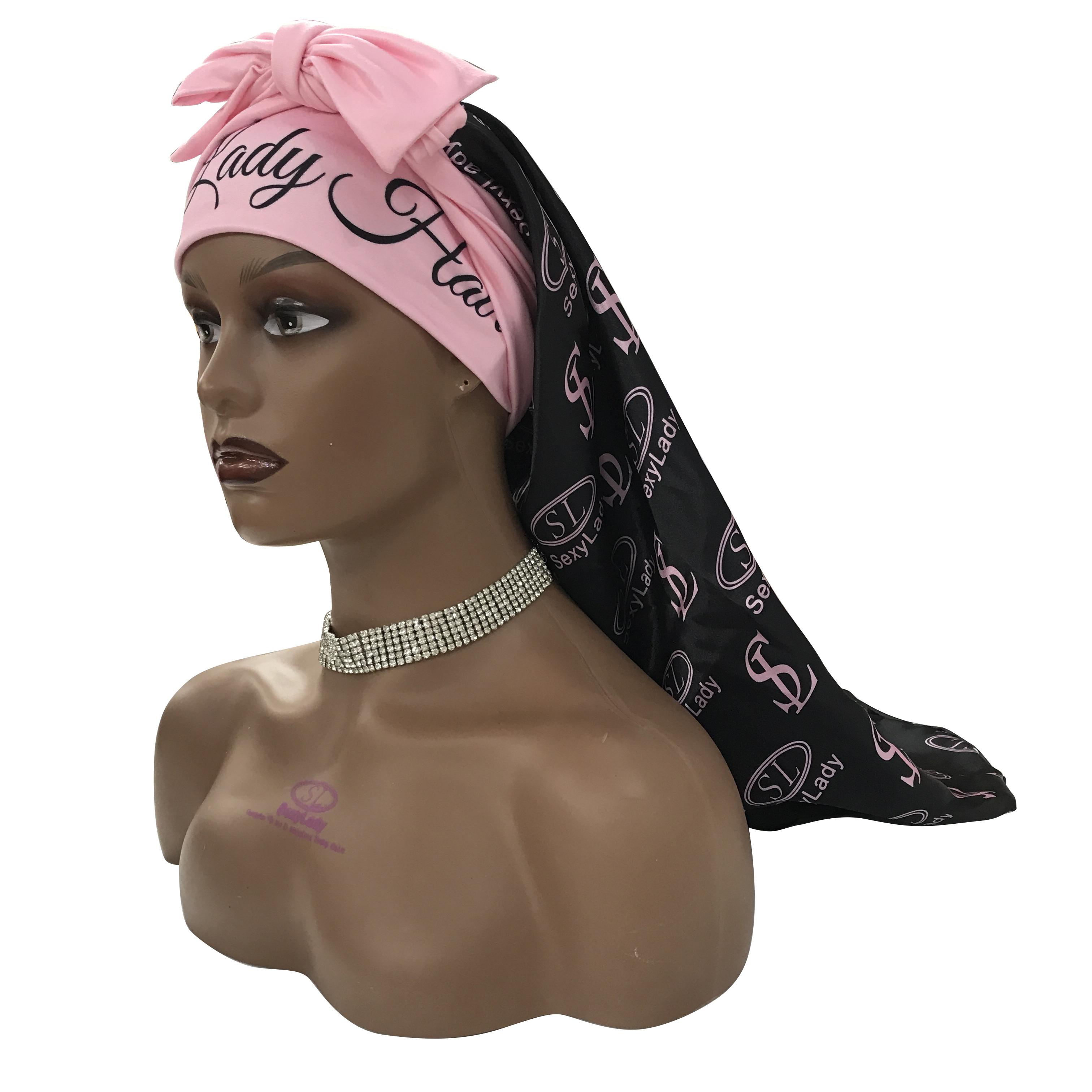 Fashion Custom logo Print Long Bonnets with Ties Large Silk Braid Bonnets with Satin Hair Wrap Scarf чёрный