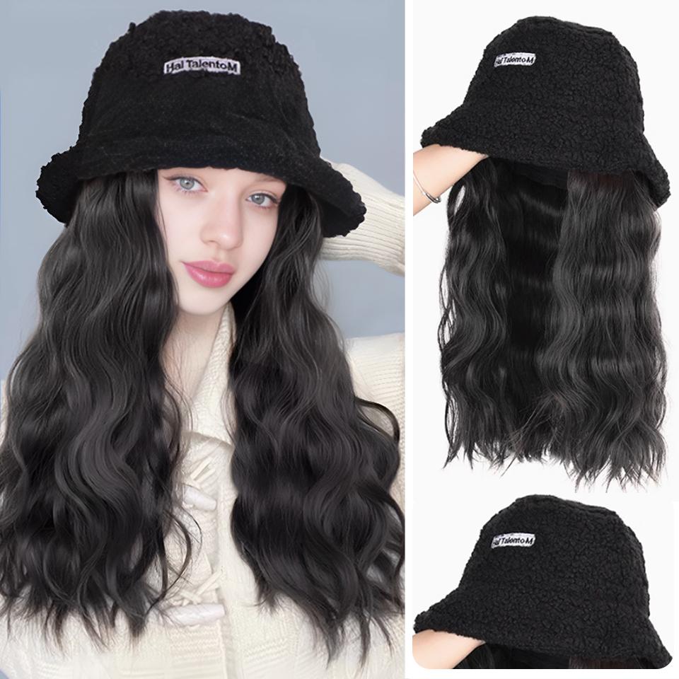 

WTB Synthetic Wig Women s Black Hat Wig One Autumn And Winter Fashion Black Lamb Hair Fisherman s Hat Wavy Curly Hair Hat Wig 35CM