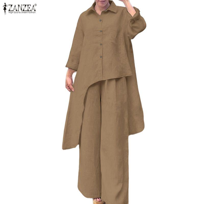 ZANZEA Women Long Sleeve Irregular Blouse and Pants Casual Two Piece Suit Sets