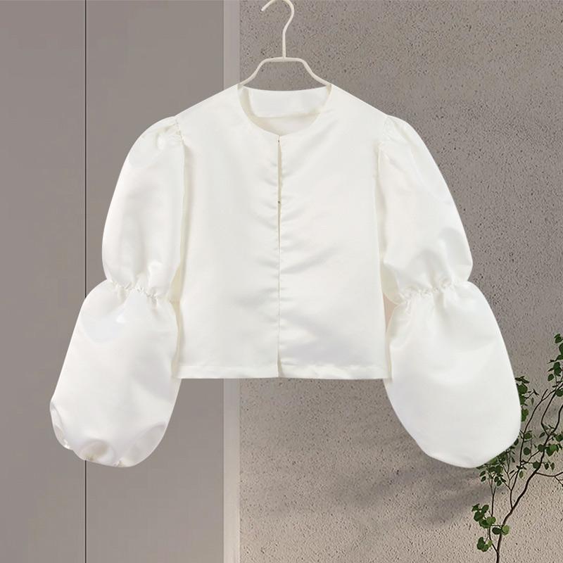 Camisa de Mujer de Color Sólido Holgada de Moda 2026 Primavera Casual Cuello Redondo Manga Abullonada Camisas de Dama Elegante Clásico Ropa Femenina Top