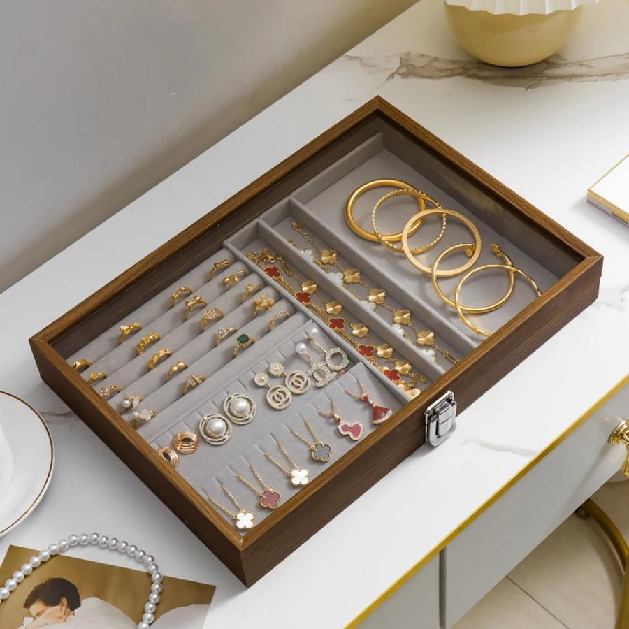 Vintage Wooden Jewelry Organizer Box - Dustproof Display Case For Rings, Necklaces, Earrings & Bracelets - Multipurpose Storage
