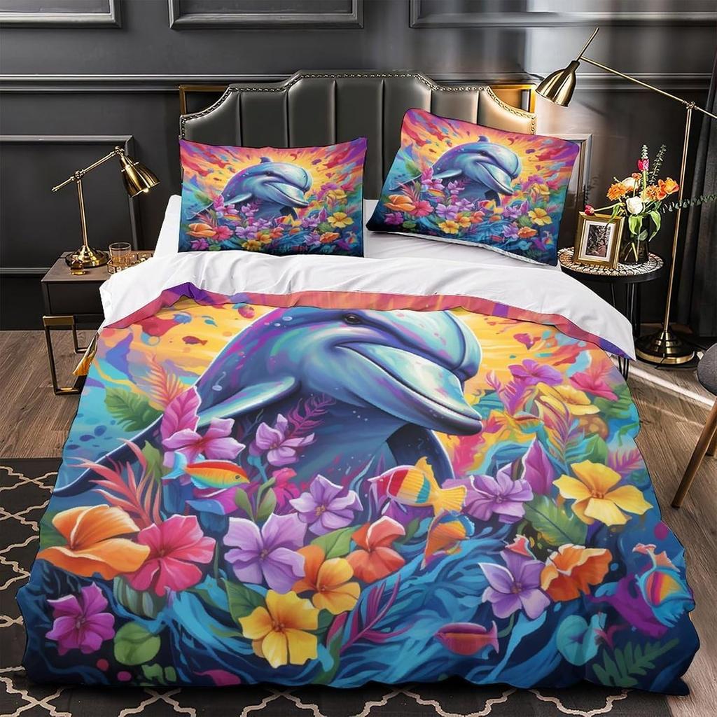 3D Printed Premium Oil Painting Dolphin Duvet Bedding Set, Children's Adult Bedding Set, Zipper with Pillowcase Bed Set, Double