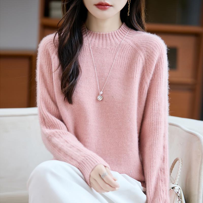2025 Autumn/Winter Women's Wool Sequin Cable Knit Sweater with Half-High Collar