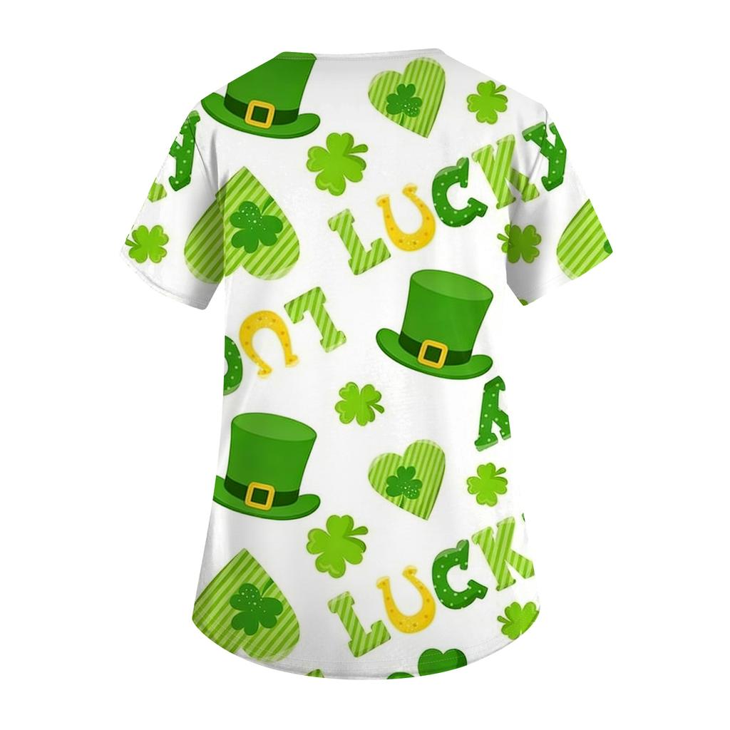 Women's Fashion Short-Sleeve Sleeve St. Patrick's Day Print V-Neck Pocket Workwear Top