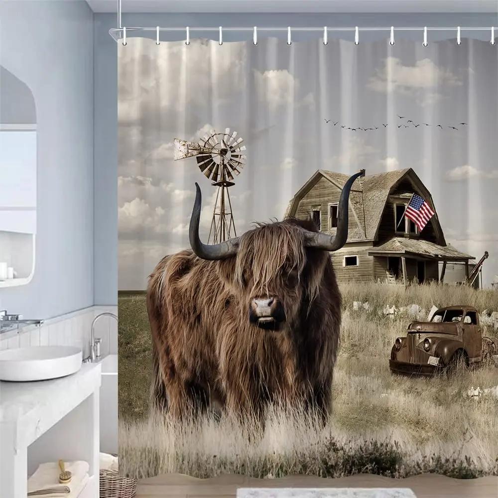 Wood Door Cow Shower Curtain Farm Animal Barn Door Wooden Wheel Pumpkin Sunflower Retro Bath Curtain Bathroom Accessories Set