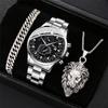 1SET New Fashion Trend Business Men's Versatile Steel Belt Quartz Watch Bracelet Lion Necklace Set