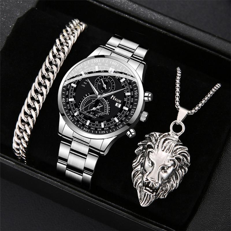 1SET New Fashion Trend Business Men's Versatile Steel Belt Quartz Watch Bracelet Lion Necklace Set