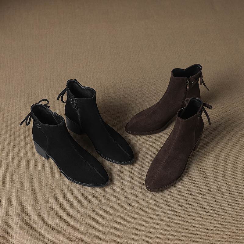 Krazing Pot Cow Suede Nubuck Round Toe Thick Heels Chelsea Boots Size 42 Slip on Women Butterfly-knot Ankle Boots