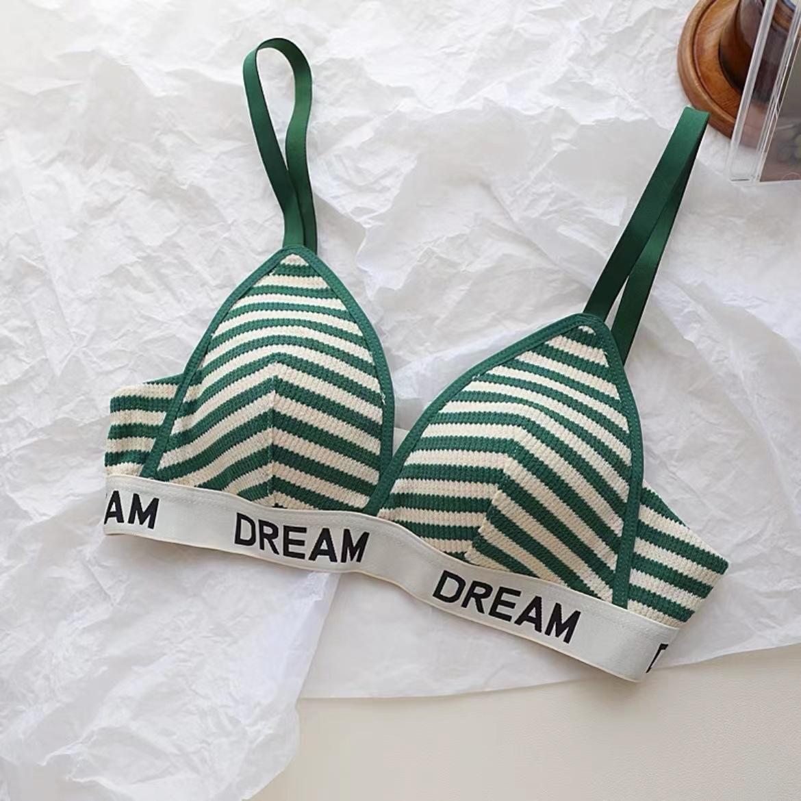 

European and American retro striped letters sexy triangle cup seamless steel ring thin small chest small bra set 38/85ab through cup