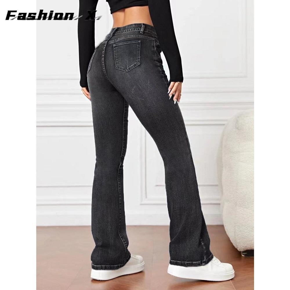 Women's Long Casual Denim Trousers Women's Stretch Jeans Straight Legs