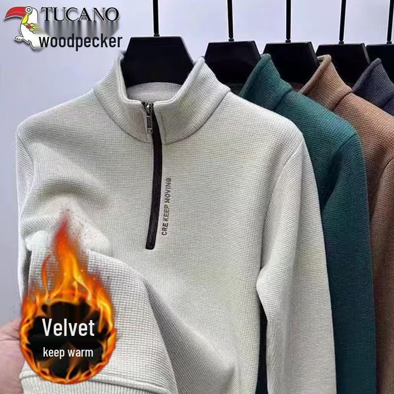 Men's Fleece-Lined Woodpecker Half-Zip Sweatshirt - Winter Casual Long-Sleeve Base Layer