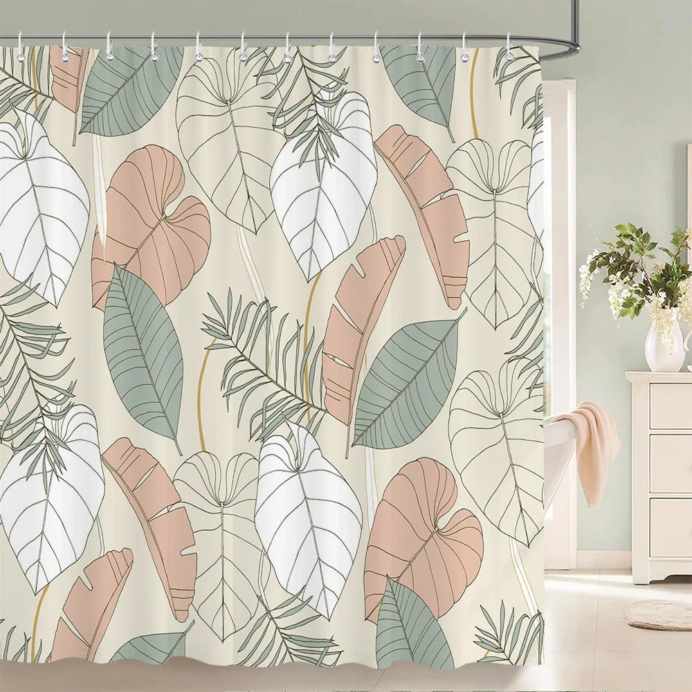 Tropical Plant Leaves Shower Curtain Nordic Minimalist Floral Bath Curtain Waterproof Fabric 3D Bathroom Curtains With Hooks