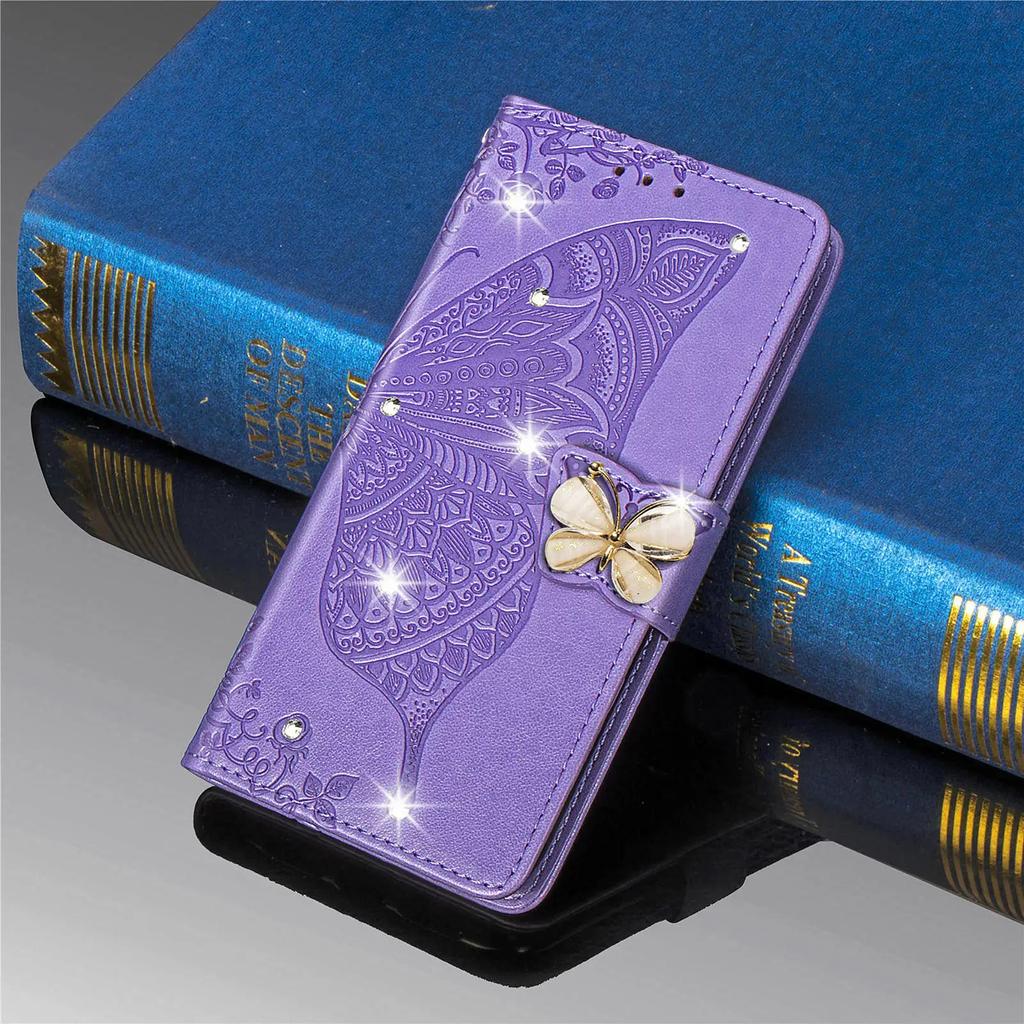 Bling Butterfly Leather Flip Cover For Samsung Galaxy S25 Ultra S24 Plus S23 FE A55 A35 A36 A56 A26 A06 A16 Wallet Glitter Case