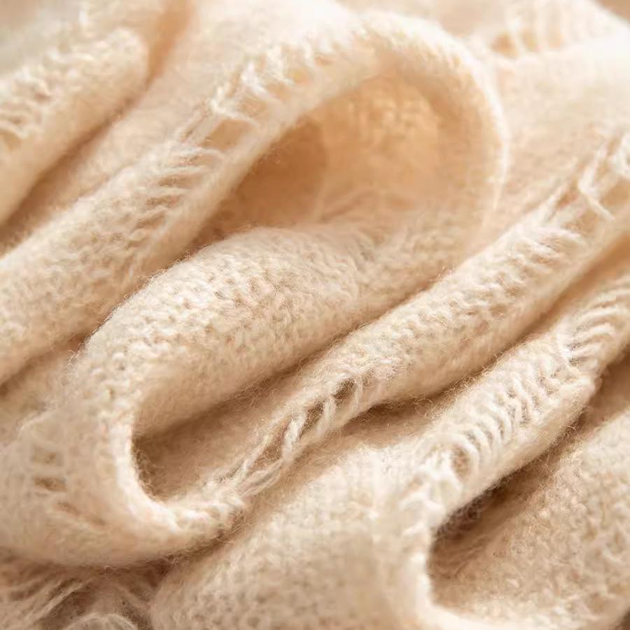 Cashmere Openwork Feather Knit Round Neck Long Sleeve Sweater