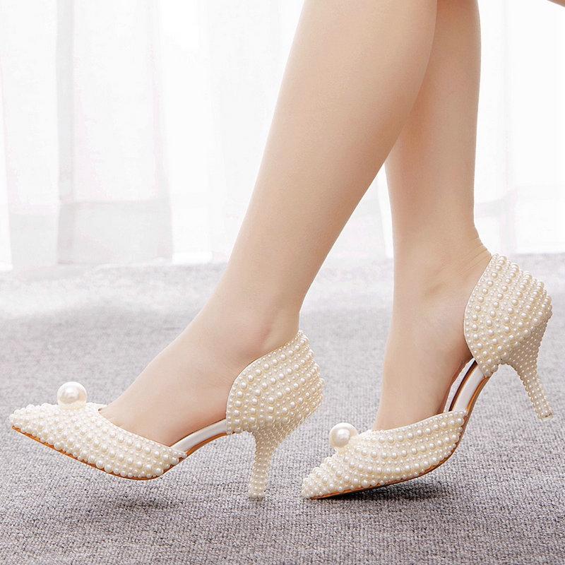 Fashion Pearl Shoes Pointy Side Side Air Pumps Stiletto Heels Over Feet High With Bridal Bridesmaids Wedding Shoes Single Shoes