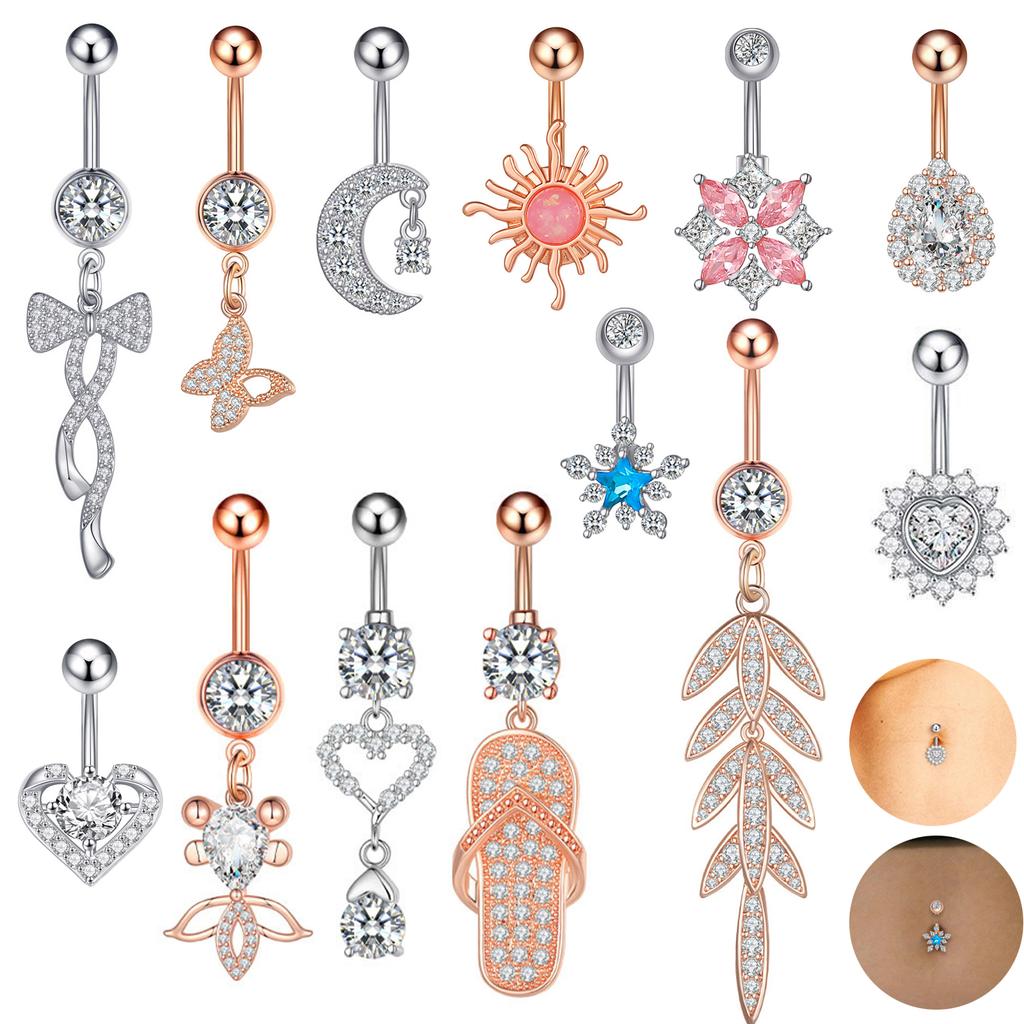 Alisouy 1pc Zircon Sexy Long Belly Ring Star Sun Moon Heart Navel Piercing Surgical Steel Women Belly Button Ring Navel Jewelry