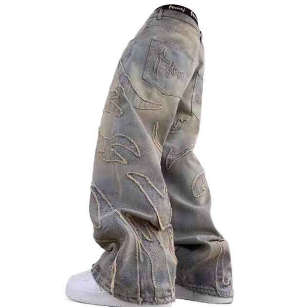 Amerikanische Retro Jeans mit Stickerei-Patchwork, gerade geschnitten