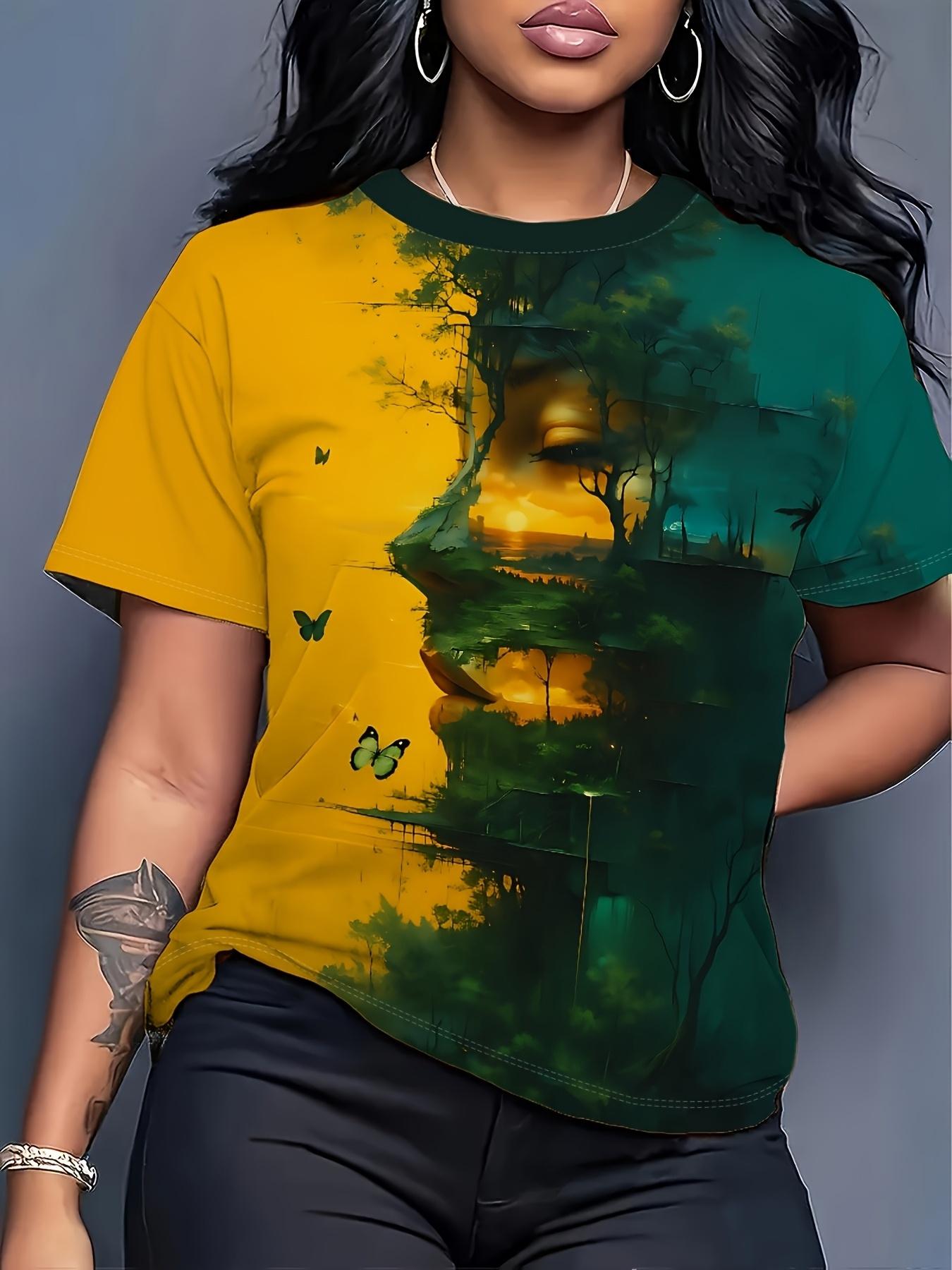 

Two-Tone Forest Sunset Print Short-Sleeve T-Shirt for Women. Yellow And Green Patchwork Abstract Landscape Butterfly Pattern Round-Neck Top. Artistic 3XL дубильная кора