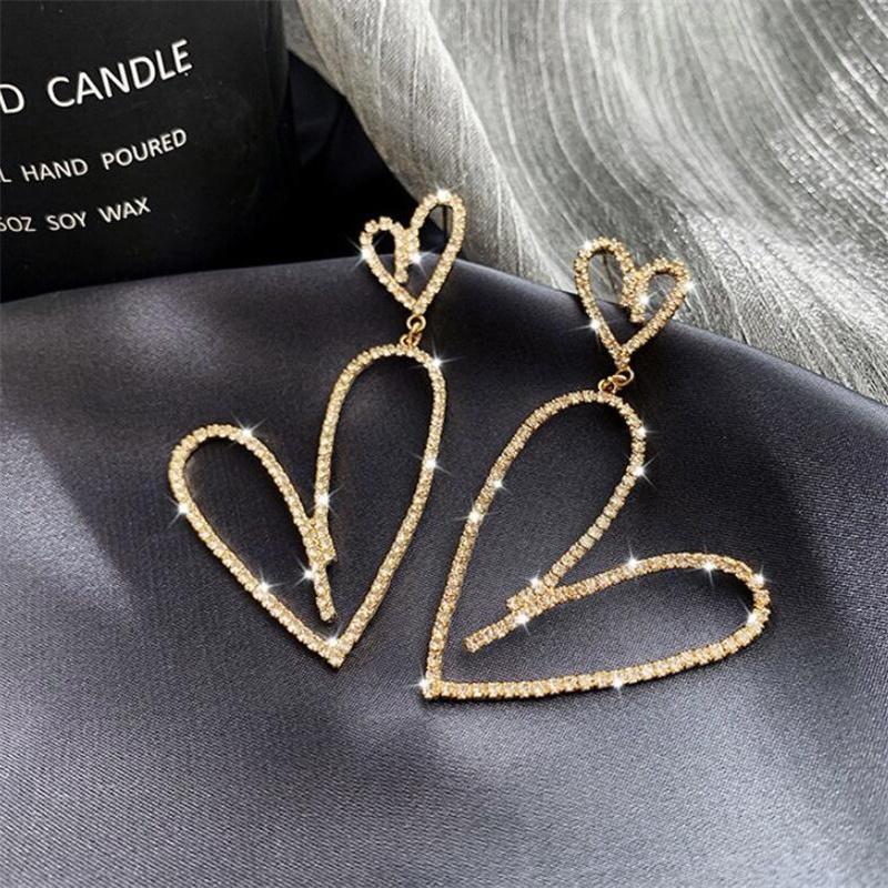 Diamond-Filled Heart-Shaped Long Stud Earrings Metallic And Heart-Shaped Earrings Gold And Silver Earrings