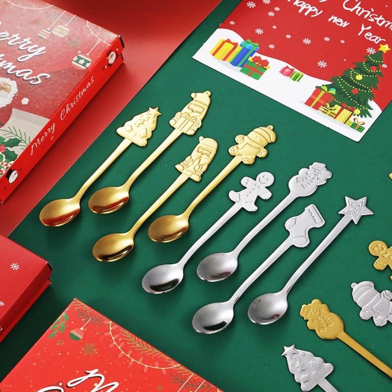 4Pcs Stainless Steel Christmas Coffee Spoons Christmas Trees Santa Tea Spoon Gingerbreads Man Dessert Drink Mixing Spoon