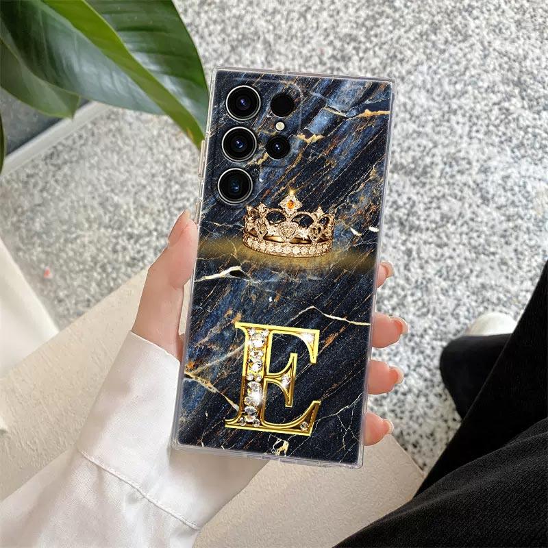 Initial Letter E M I J L Phone Case For Samsung Galaxy S24 S23 Ultra S22 S20 Plus S21 FE Clear Cover Fashion Marble Crown Fundas